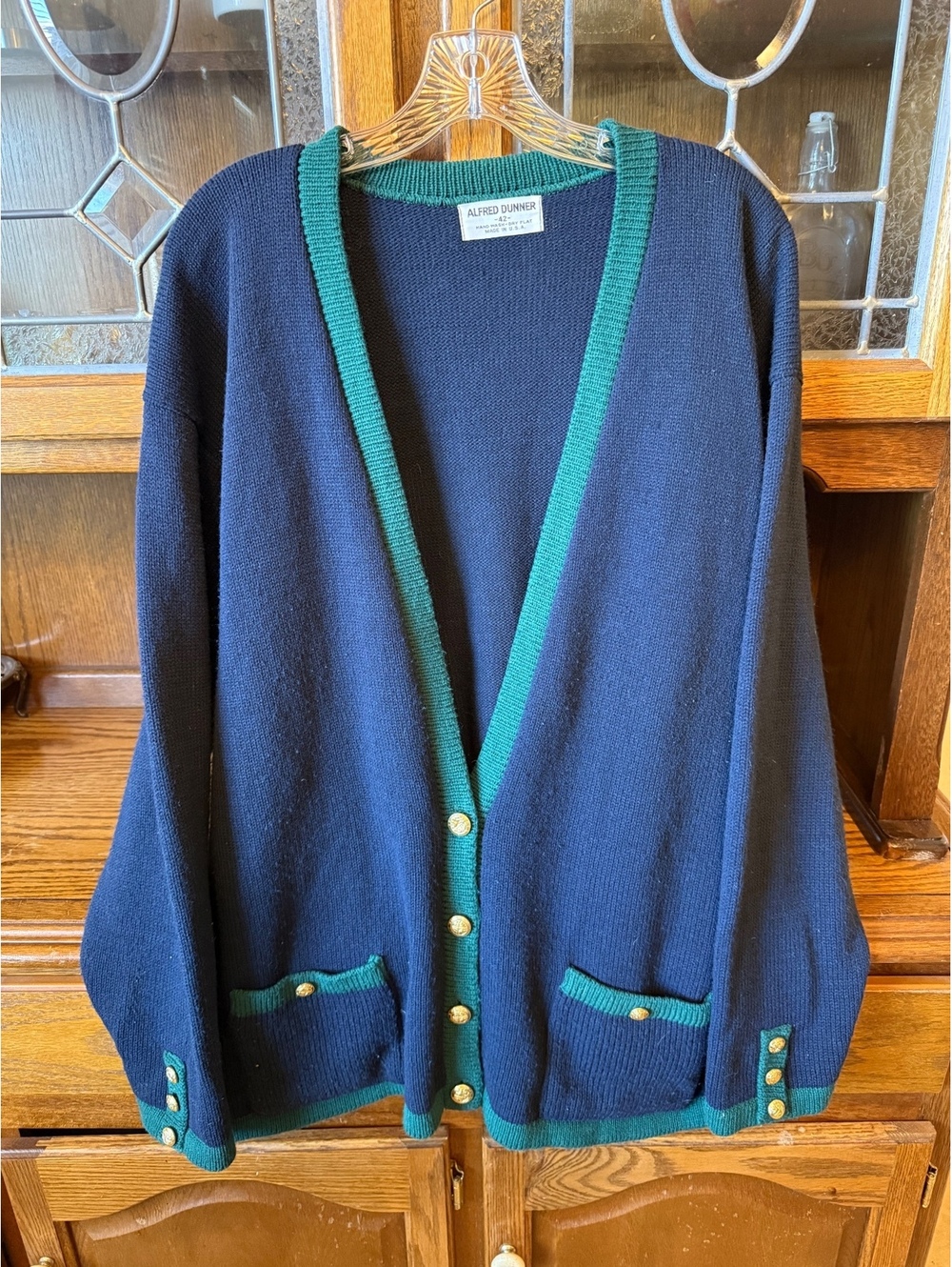 Vintage Alfred Dunner Navy Green Cardigan Gold Crest Buttons Made in USA Size 42